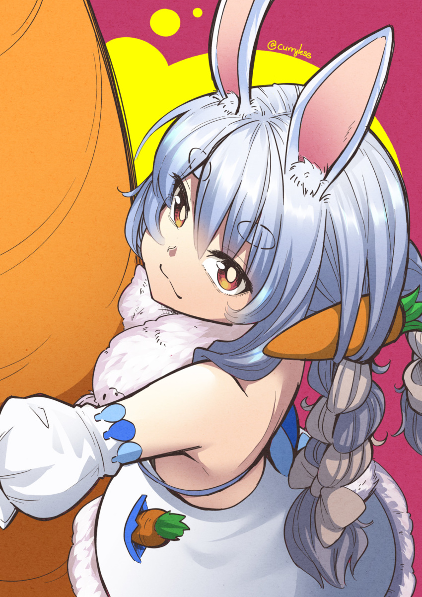 1girl animal_ears back blue_dress blue_hair bow braid brown_hair bunny_ears carillus carrot don-chan_(usada_pekora) dress food food_in_pocket food_on_hair from_above fur-trimmed_dress fur_trim hair_bow highres holding holding_food hololive hug looking_at_viewer multicolored_hair oversized_food red_background simple_background solo twin_braids twintails twitter_username two-tone_hair usada_pekora virtual_youtuber white_hair