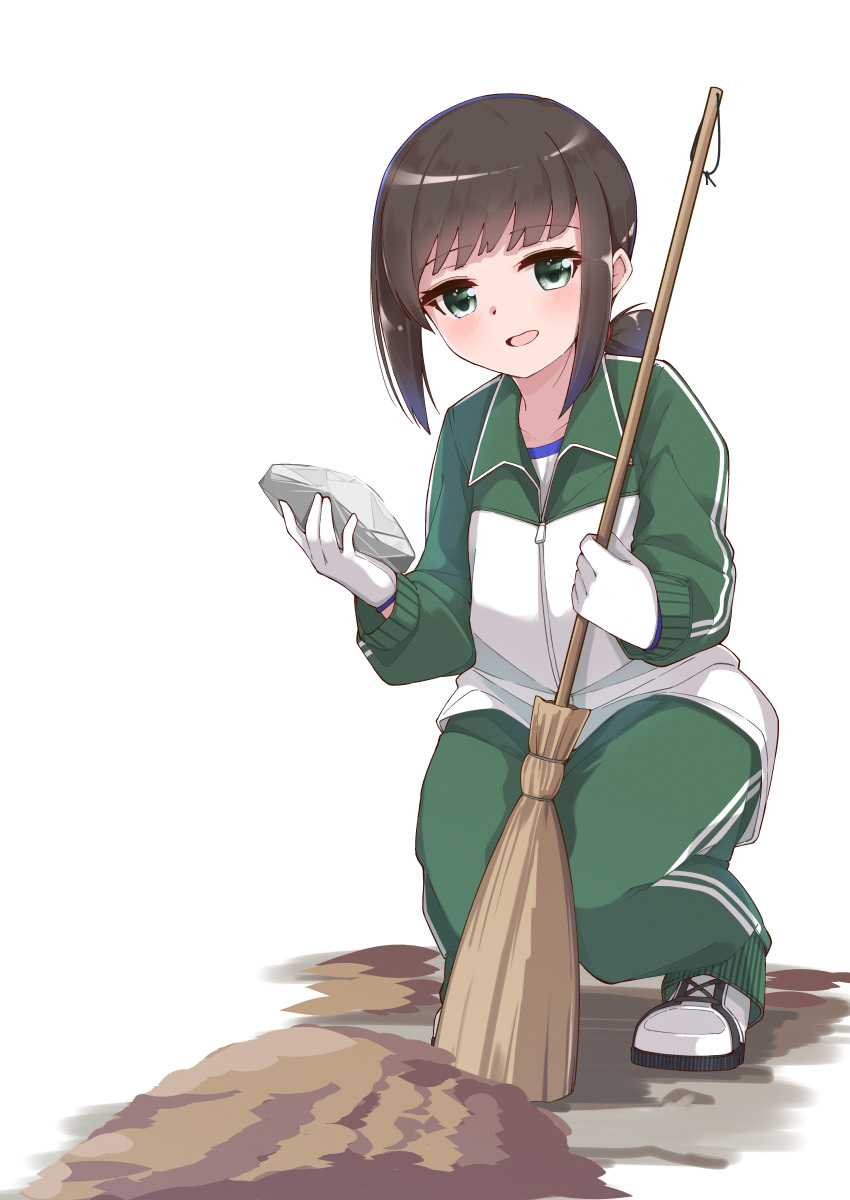 1girl absurdres bauxite black_hair broom commentary_request fubuki_(kantai_collection) gloves green_eyes green_pants highres huge_filesize jacket kantai_collection long_hair low_ponytail pants ponytail rock short_ponytail sidelocks simple_background smile solo squatting track_jacket track_pants track_suit two-tone_jacket uut white_background white_footwear white_gloves