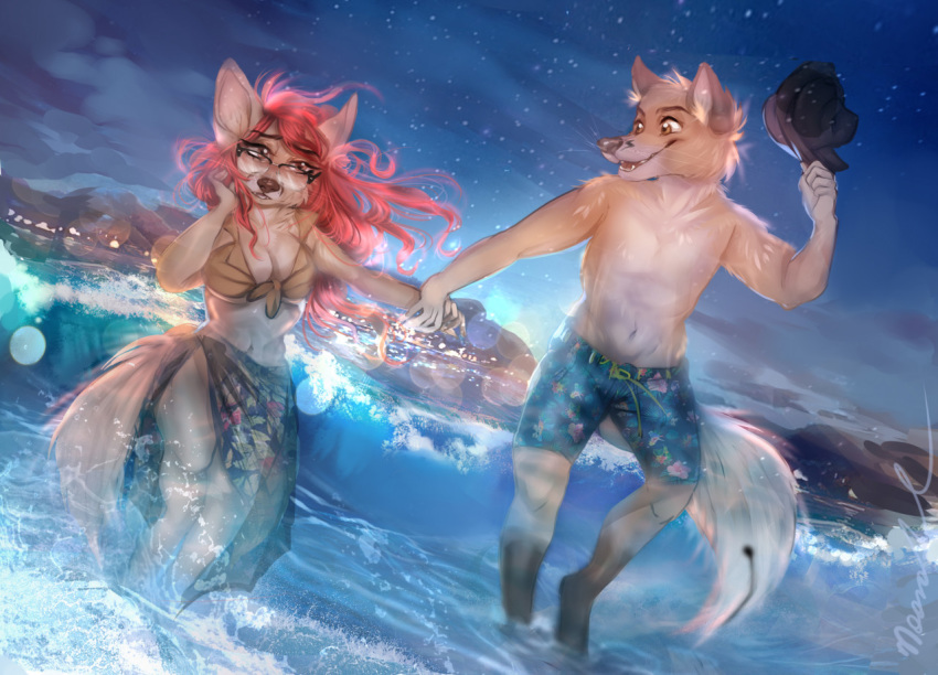 2020 amber_eyes anthro apprehensive barefoot beach black_nose breasts canid canine cleavage clothed clothing comforting curvy_figure digital_media_(artwork) duo eye_contact eyewear female fennec fox fur glasses hair hand_holding looking_at_another looking_at_partner male male/female mammal marie-claire moonabel navel nervous night partially_submerged red_hair romantic_couple sarong seaside shirt sky sly_(electronfox777) smile star starry_sky swimming_trunks swimwear tan_body tan_fur the_depths tied_shirt topless topless_male topwear water wave whiskers