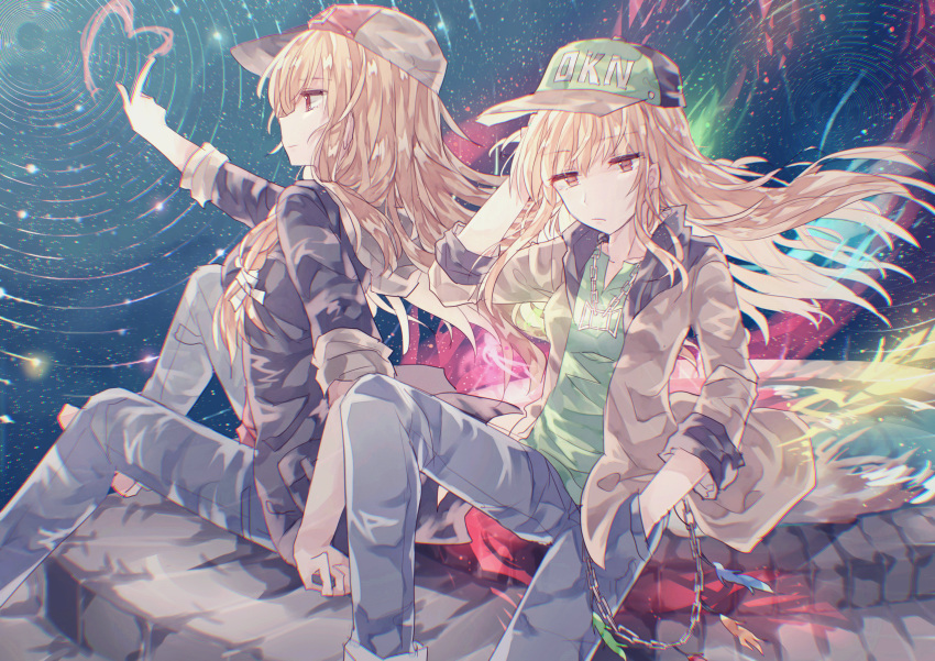 2girls absurdres baseball_cap beige_jacket blonde_hair camouflage camouflage_jacket camouflage_pants casual chain chain_necklace commentary_request contemporary denim english_text grey_jacket hand_in_pocket hat hidden_star_in_four_seasons highres jacket jeans junko_(touhou) kyuutame legacy_of_lunatic_kingdom long_hair matara_okina multiple_girls open_clothes open_jacket pants red_eyes shirt sitting sleeves_rolled_up space t-shirt touhou very_long_hair