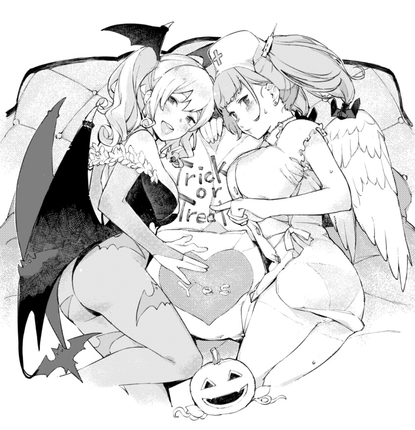 2girls anchor_hair_ornament animal_print ass atlanta_(kantai_collection) bangs bat bat_print blush breasts closed_mouth dress elbow_gloves eyebrows_visible_through_hair gloves greyscale hair_ornament halloween halloween_costume hat head_wings jack-o'-lantern kantai_collection kashima_(kantai_collection) kitamura_hato large_breasts leotard long_hair monochrome multiple_girls nurse_cap open_mouth panties pantyhose see-through sweat twintails underwear wavy_hair wings yes-no_pillow