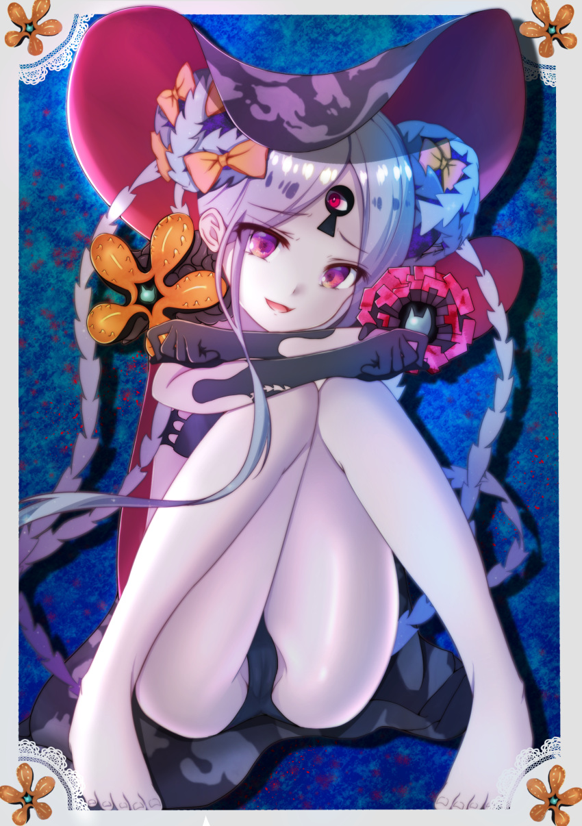 1girl abigail_williams_(fate/grand_order) abigail_williams_(swimsuit_foreigner)_(fate) absurdres bangs bare_shoulders bikini black_bikini black_bow blush bow breasts creature double_bun fate/grand_order fate_(series) feet forehead hair_bow highres keyhole kisaragi-lorelei knees_together_feet_apart legs long_hair looking_at_viewer multiple_bows open_mouth orange_bow parted_bangs red_eyes sidelocks sitting smile swimsuit third_eye very_long_hair white_hair white_skin
