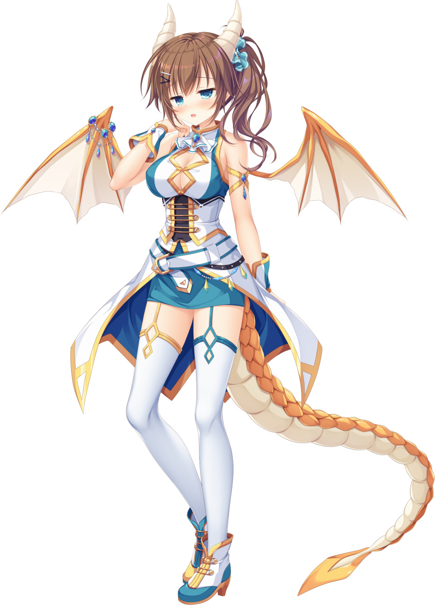 1girl :o absurdres armlet ascot blue_eyes breasts brooch brown_hair cleavage_cutout clothing_cutout coattails dragon_girl dragon_horns dragon_tail dragon_wings drapri_guu-ta-life eyebrows_visible_through_hair full_body garter_straps hair_ornament hairclip highres horns ichinose_suzuka jewelry large_breasts long_hair official_art open_mouth solo tail takano_yuki_(allegro_mistic) thighhighs transparent_background white_legwear wings wrist_cuffs