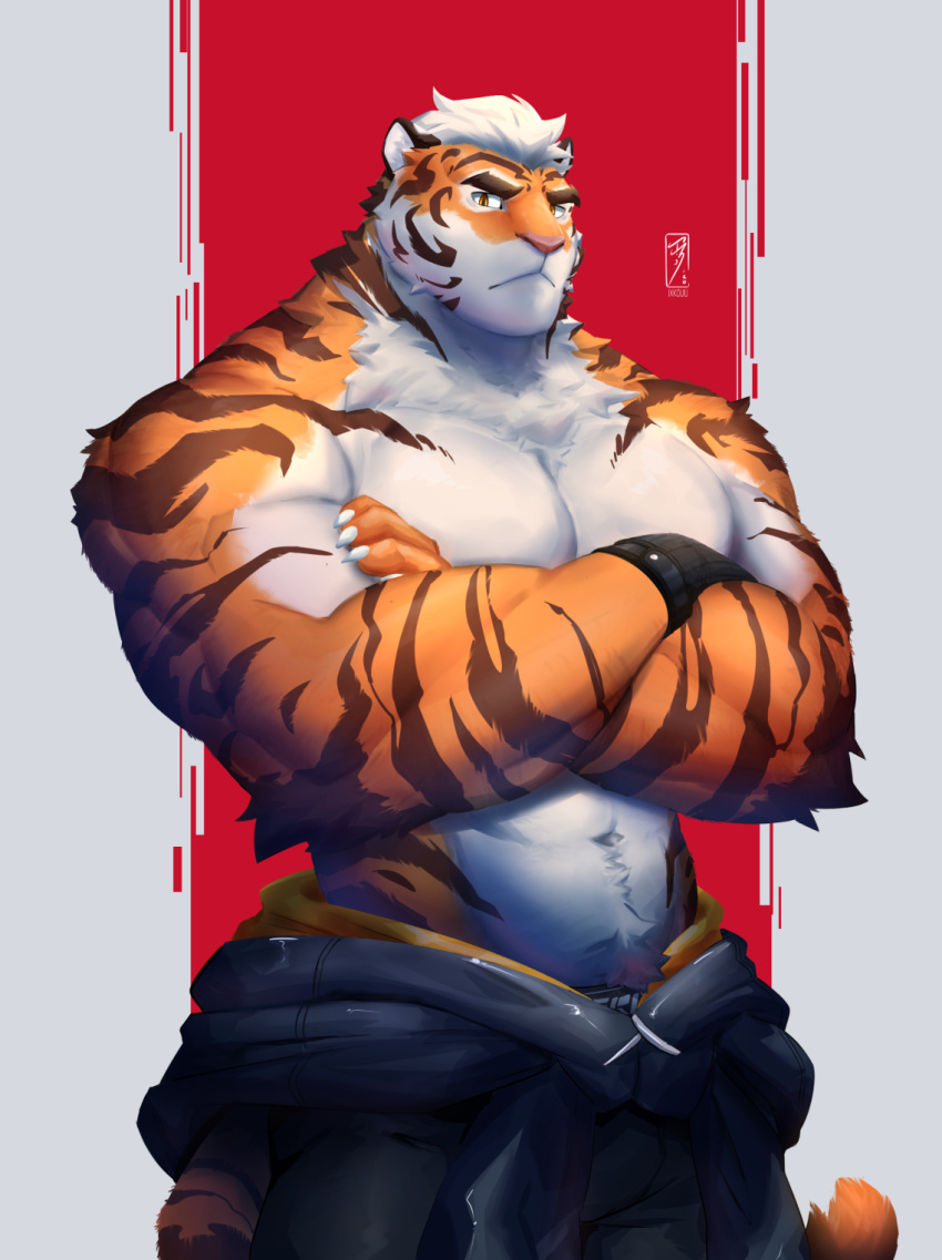 2020 anthro bottomwear clothing digital_media_(artwork) felid fur hi_res ixkouu male mammal muscular muscular_anthro muscular_male pantherine pecs simple_background solo stripes tiger