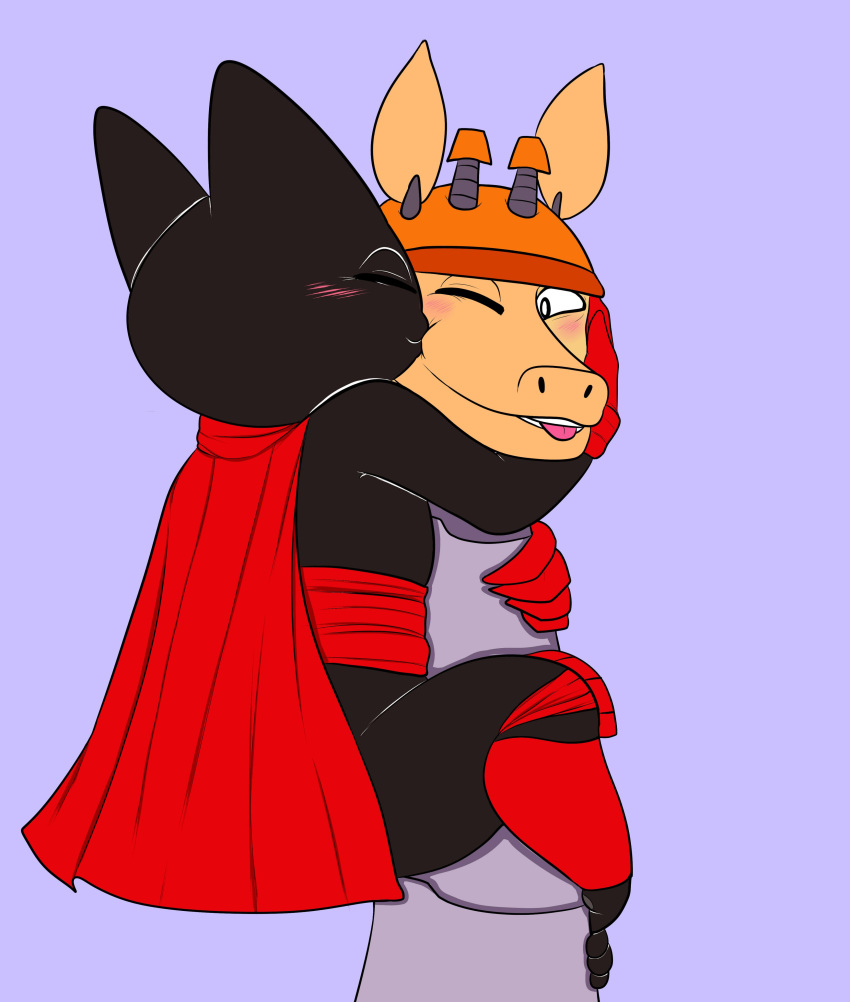 absurd_res anthro black_body black_fur blush cape cartoon_network clothing domestic_cat duo felid feline felis female fleshysack fur giraffe giraffid hi_res kissing kissing_cheek long_neck male male/female mammal mao_mao:_heroes_of_pure_heart ramaraffe red_clothing sheriff_mao_mao_mao size_difference