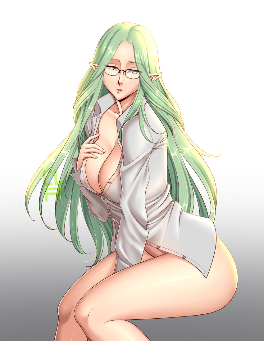 1girl absurdres bespectacled breasts cleavage cleru_(cleruuuuu) fire_emblem fire_emblem:_three_houses glasses green_eyes green_hair highres long_hair long_sleeves naked_shirt panties pointy_ears rhea_(fire_emblem) shirt simple_background solo underwear