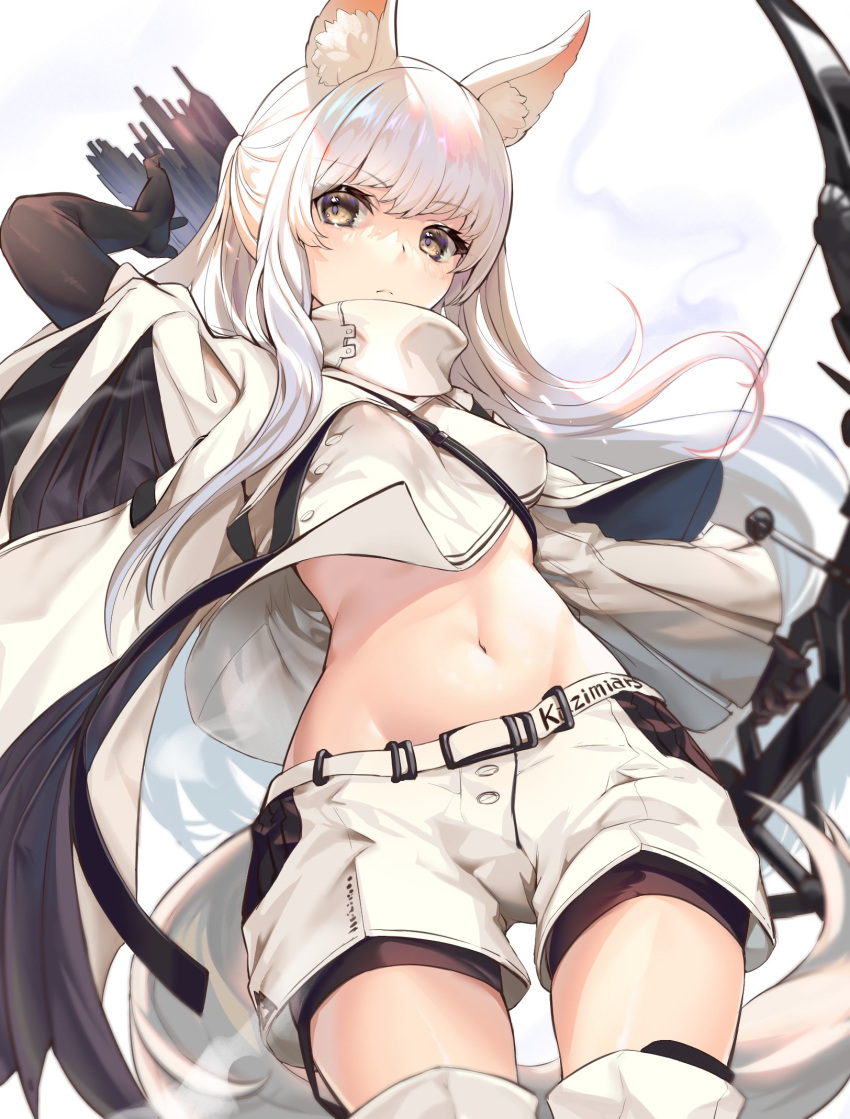 1girl animal_ear_fluff animal_ears arknights bangs bow_(weapon) breasts commentary_request cowboy_shot crop_top cropped_jacket eyebrows_visible_through_hair grey_eyes groin highres holding holding_bow_(weapon) holding_weapon jacket long_hair looking_at_viewer midriff navel platinum_(arknights) short_shorts shorts silver_hair simple_background small_breasts solo spica_(spica_1510) stomach tail thighhighs thighs weapon white_background white_jacket white_shorts