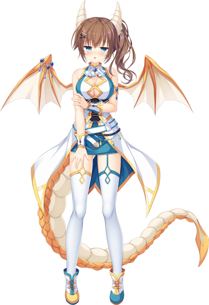 1girl :o absurdres arm_grab armlet breasts brooch cleavage coattails dragon_girl dragon_horns dragon_tail dragon_wings drapri_guu-ta-life eyebrows_visible_through_hair full_body garter_straps hair_ornament hairclip hand_on_own_thigh highres horns ichinose_suzuka jewelry large_breasts looking_at_viewer official_art side_ponytail solo tail takano_yuki_(allegro_mistic) thighhighs transparent_background white_legwear wings wrist_cuffs