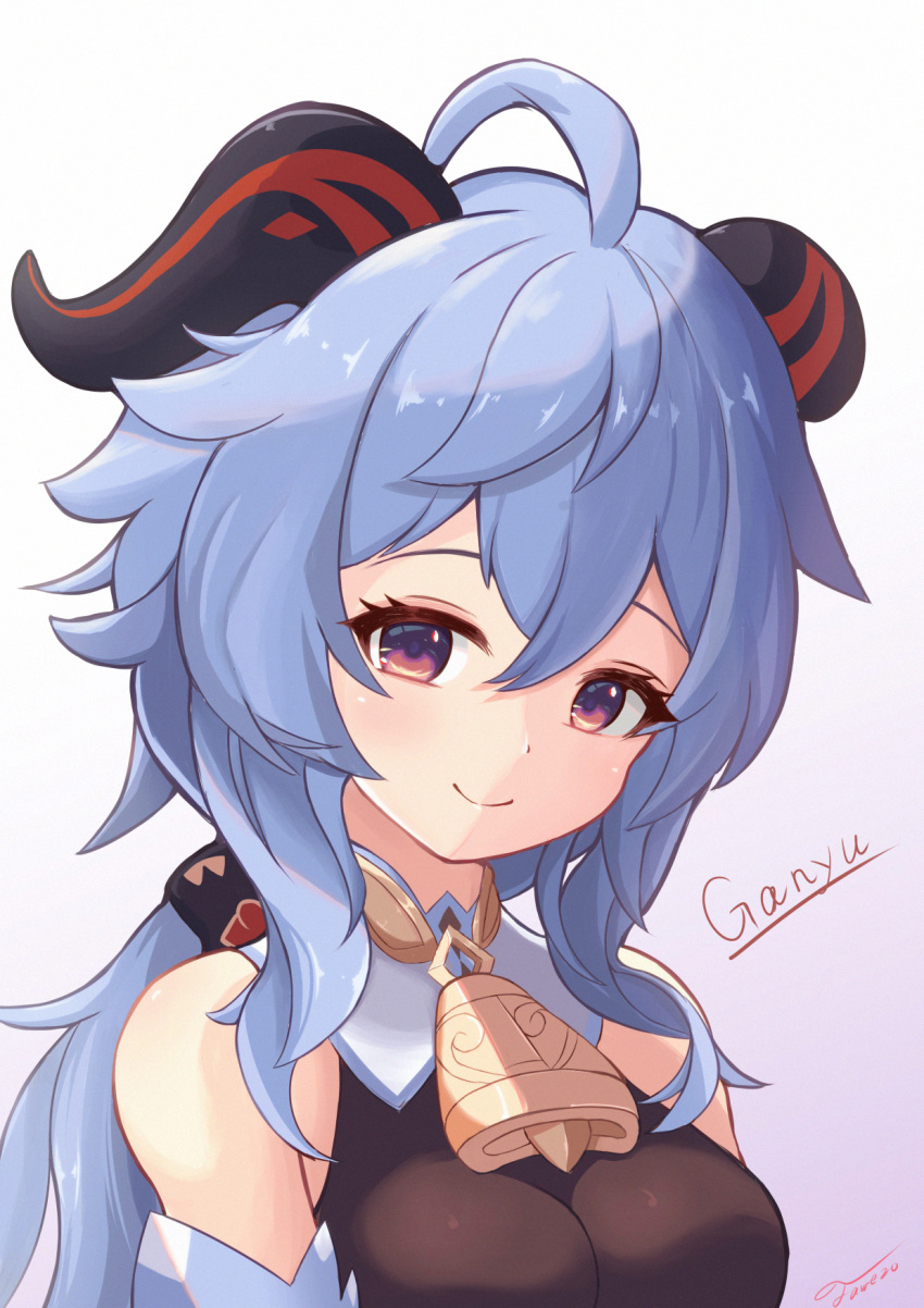 1girl ahoge artist_name bangs bare_shoulders bell blue_hair blush bow bowtie breasts character_name curled_horns detached_sleeves ganyu_(genshin_impact) genshin_impact highres horns long_hair looking_at_viewer low_ponytail medium_breasts neck_bell purple_eyes sidelocks smile solo unishaho