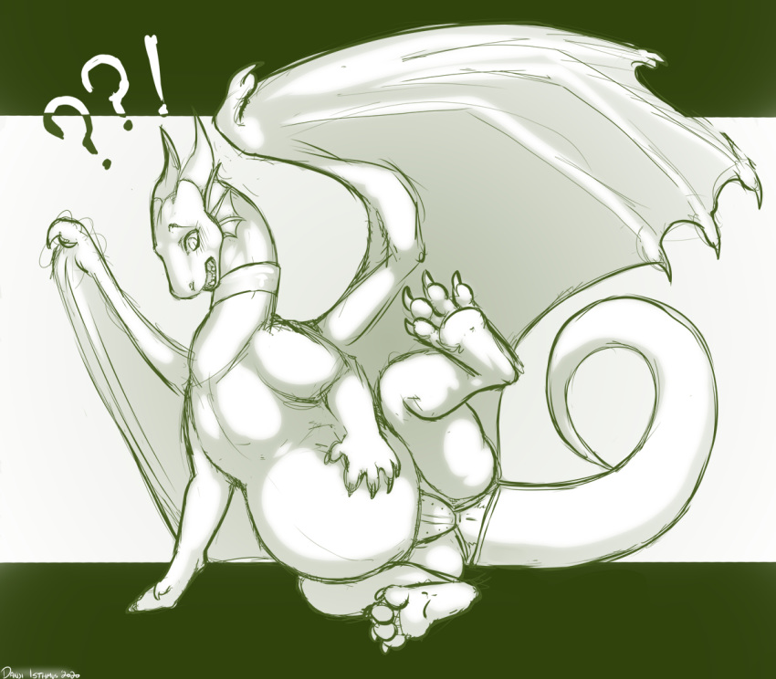 ?! anthro chastity_(disambiguation) chastity_belt chastity_cage chastity_device danji-isthmus dragon female green_and_white monochrome pregnant tagme