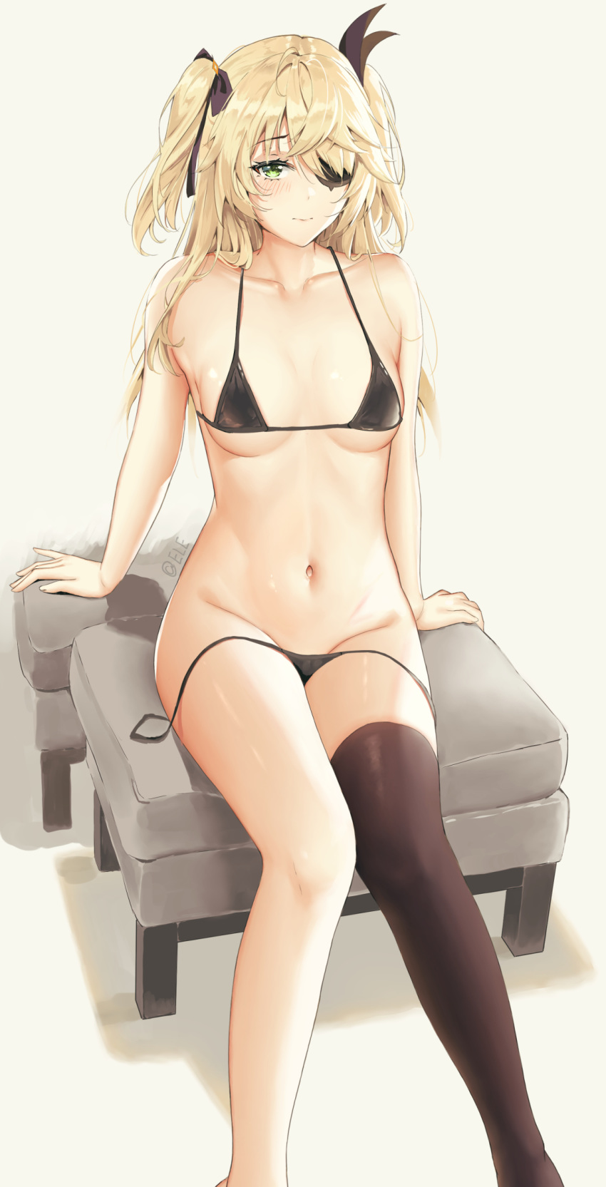 1girl arm_support bare_shoulders bikini bikini_pull black_bikini black_legwear blonde_hair blush breasts chinese_commentary closed_mouth commentary_request eleaaa eyebrows_visible_through_hair eyepatch fischl_(genshin_impact) genshin_impact green_eyes hair_over_one_eye hair_ribbon highres long_hair looking_at_viewer loose_bikini navel revision ribbon single_thighhigh sitting small_breasts smile solo swimsuit thighhighs thighs two_side_up