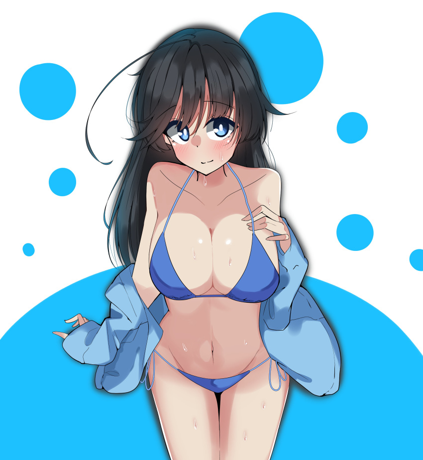1girl absurdres ahoge antyobi0720 bangs bikini black_hair blue_background blue_bikini blue_eyes blue_shirt breasts cleavage closed_mouth eyebrows_visible_through_hair girls_und_panzer hand_on_own_chest highres isuzu_hana large_breasts long_hair long_sleeves looking_at_viewer navel no_pants off_shoulder open_clothes open_shirt polka_dot polka_dot_background shirt side-tie_bikini sitting smile solo string_bikini sweat swimsuit