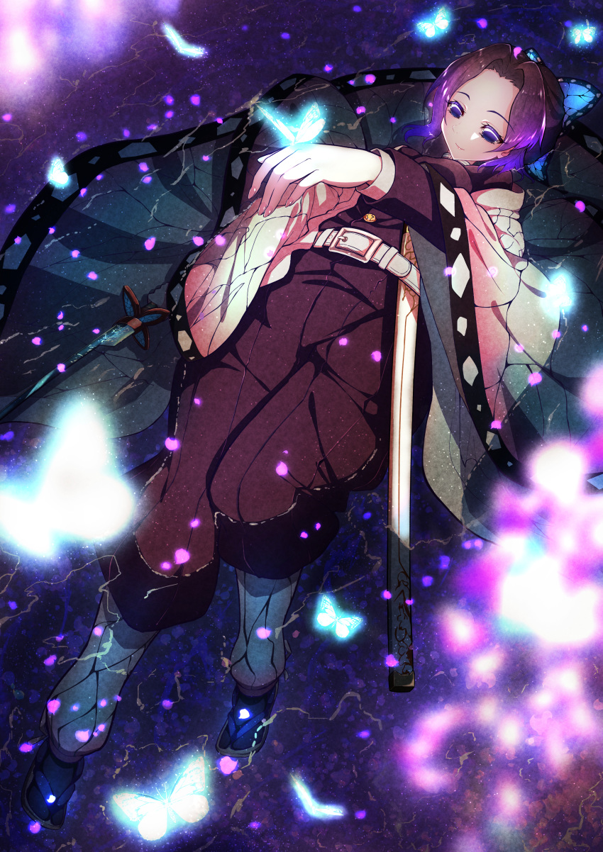 1girl absurdres arm_up black_legwear blurry_foreground bug butterfly butterfly_hair_ornament butterfly_on_hand cherry_blossoms from_above hair_intakes hair_ornament haori highres huge_filesize insect jacket japanese_clothes kimetsu_no_yaiba kochou_shinobu kuroko_(uver-world1009) long_sleeves lying no_pupils on_back pants purple_eyes purple_hair purple_jacket purple_pants sheath short_hair solo tabi water_surface