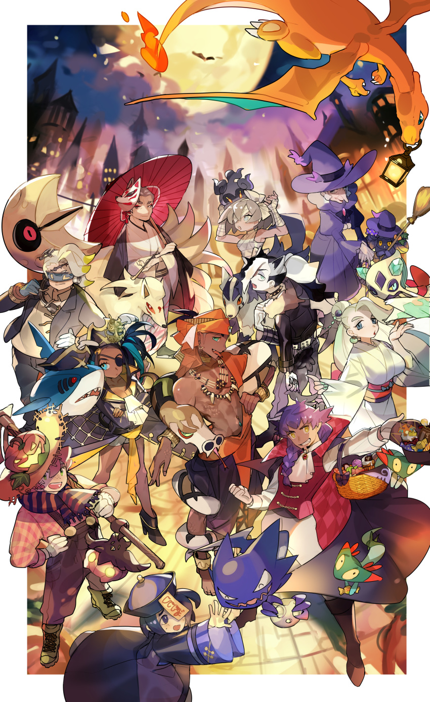 4girls 6+boys absurdres alcremie allister_(pokemon) aqua_eyes aqua_hair arm_up bangs barefoot bea_(pokemon) black_hair boots border broom brown_footwear building cape charizard clenched_hand collarbone commentary_request cosplay crossed_arms dark_skin dark_skinned_male dreepy eyepatch fire flame froslass gen_1_pokemon gen_3_pokemon gen_4_pokemon gen_6_pokemon gen_7_pokemon gen_8_pokemon gloves gordie_(pokemon) green_footwear grey_hair gym_leader hair_bun hair_ornament halloween hand_wraps hat haunter highres jacket japanese_clothes kabu_(pokemon) knees legs_apart leon_(pokemon) long_sleeves looking_back looking_to_the_side looking_up lunatone marshadow melony_(pokemon) mightyena milo_(pokemon) mismagius mismagius_(cosplay) moon multicolored_hair multiple_boys multiple_girls mythical_pokemon nessa_(pokemon) ninetales opal_(pokemon) orange_headwear outdoors outside_border outstretched_hand pants picube525528 piers_(pokemon) pirate_costume pokemon pokemon_(creature) pokemon_(game) pokemon_swsh pumpkaboo purple_hair raihan_(pokemon) sandaconda sharpedo smile standing teeth toes tongue tongue_out two-tone_hair umbrella white_border white_gloves white_hair wide_sleeves yellow_eyes