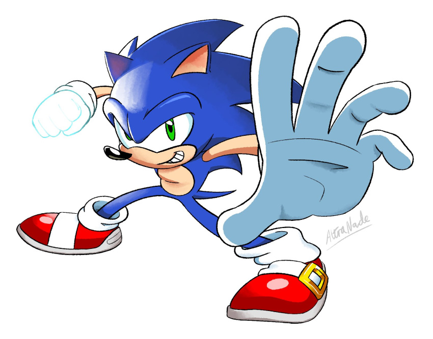 action_pose altranade anthro blue_body blue_fur clothing eulipotyphlan footwear fur gloves green_eyes handwear hedgehog hi_res male mammal pose red_clothing red_footwear red_shoes shoes solo sonic_the_hedgehog sonic_the_hedgehog_(series)