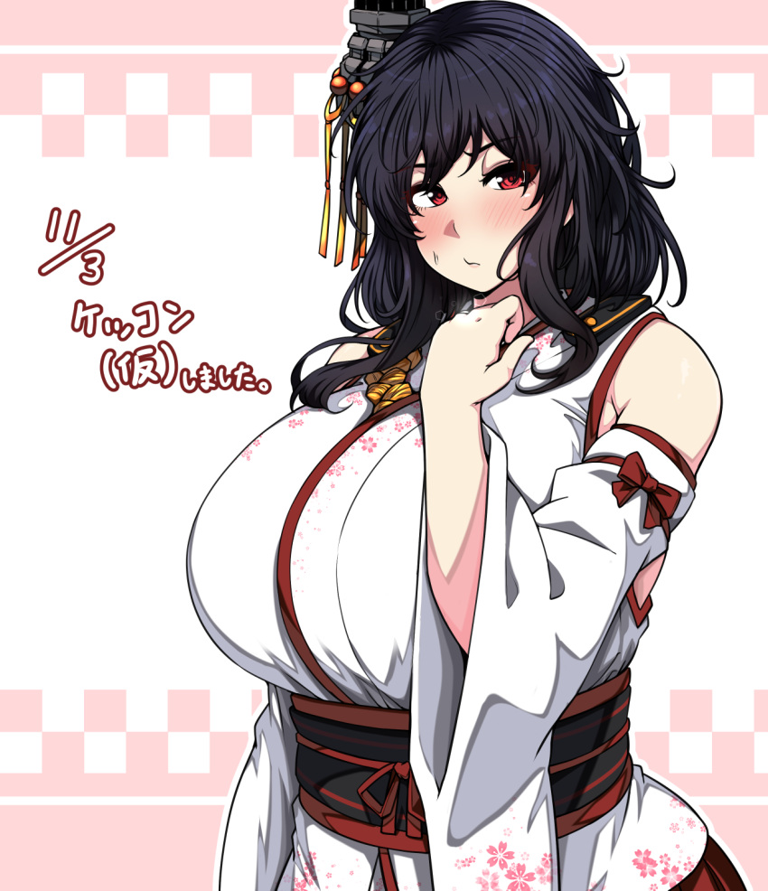 1girl alternate_breast_size blush breasts detached_sleeves floral_print hair_ornament headgear highres huge_breasts japanese_clothes jewelry kantai_collection konoshige_(ryuun) nontraditional_miko obi red_eyes remodel_(kantai_collection) ring sash short_hair solo upper_body wedding_band wide_sleeves yamashiro_(kantai_collection)