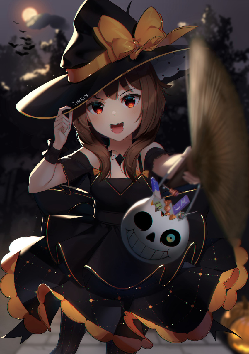 1girl absurdres armband artist_name bangs bat black_dress black_legwear bracelet broom brown_hair candy dress food full_moon halloween halloween_basket halloween_costume hat highres holding holding_broom jewelry kono_subarashii_sekai_ni_shukufuku_wo! looking_at_viewer medium_hair megumin moon night night_sky open_mouth orange_ribbon red_eyes ribbon sans sasoura sky solo thighhighs undertale witch_hat