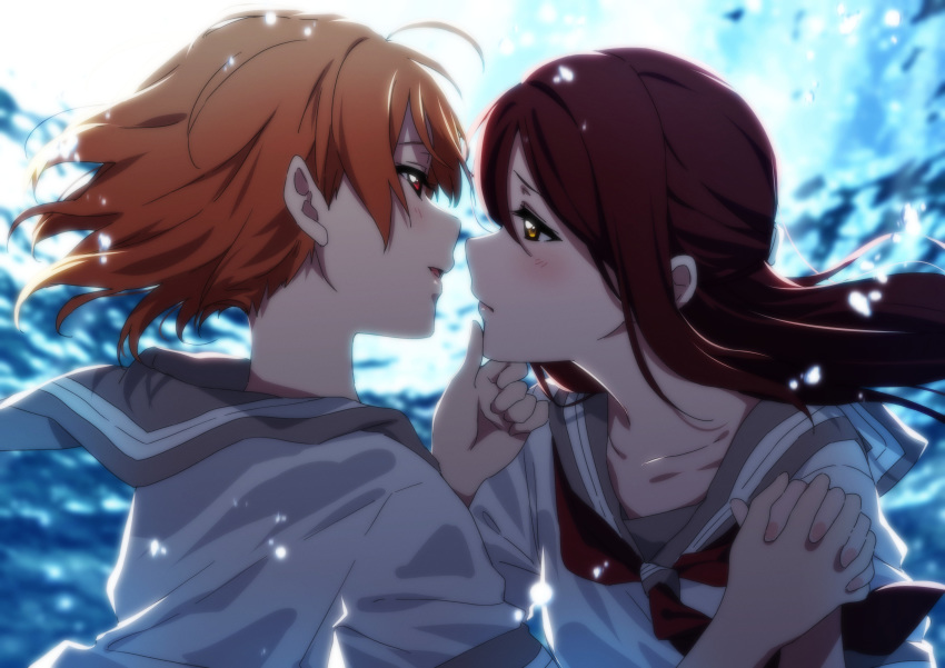 2girls absurdres ahoge bangs closed_mouth collarbone collared_shirt floating_hair grey_sailor_collar hair_between_eyes highres holding_hands imminent_kiss interlocked_fingers kougi_hiroshi long_hair love_live! love_live!_sunshine!! multiple_girls neckerchief open_mouth orange_hair red_eyes red_hair red_neckwear sailor_collar sailor_collar_lift sailor_shirt sakurauchi_riko school_uniform shirt short_hair short_sleeves takami_chika upper_body uranohoshi_school_uniform white_shirt yellow_eyes yuri