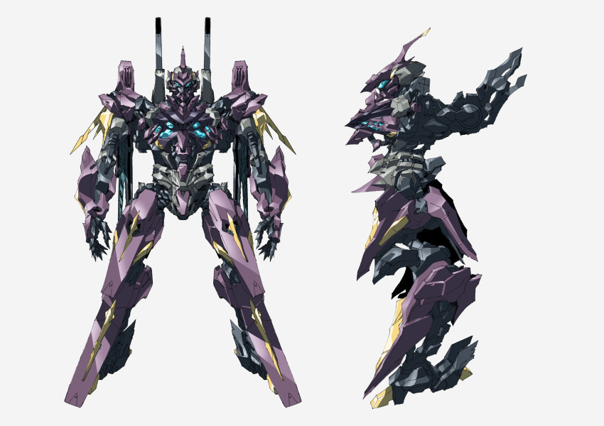 absurdres blue_eyes character_sheet grey_background highres horns looking_ahead mecha mechanical_wings multiple_views no_humans open_hands original paintedmike science_fiction single_horn standing wings