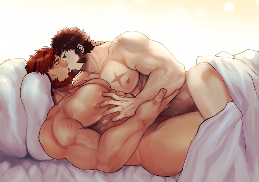 2boys alternate_hairstyle ass bara beard bed bed_sheet blue_eyes blush brown_hair chest chest_scar commission completely_nude couple dark_skin dark_skinned_male face-to-face facial_hair fate/grand_order fate_(series) french_kiss goatee grabbing hand_on_another's_arm hand_on_another's_head iskandar_(fate) kiss male_focus male_pubic_hair messy_hair multiple_boys muscle napoleon_bonaparte_(fate/grand_order) nude on_person pectoral_grab pillow pubic_hair red_eyes red_hair saliva saliva_trail scar second-party_source short_hair sideburns surprised tongue tora_d yaoi