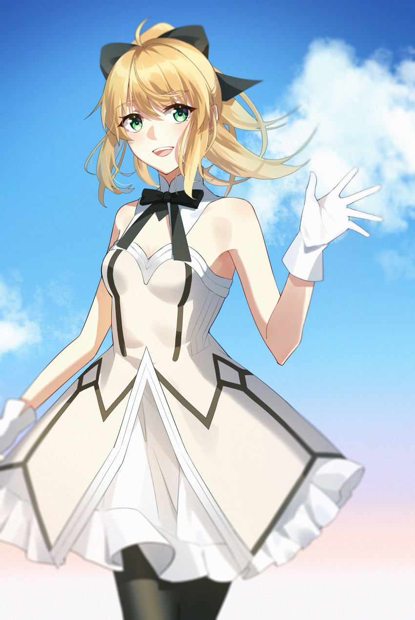 1girl :d absurdres ahoge artoria_pendragon_(all) bangs black_bow black_legwear black_ribbon blonde_hair blue_sky bow breasts cleavage cloud cowboy_shot detached_collar eyebrows_visible_through_hair fate/unlimited_codes fate_(series) floating_hair green_eyes hair_between_eyes hair_bow high_ponytail highres long_hair looking_at_viewer miniskirt missholmes neck_ribbon open_mouth pantyhose ribbon saber_lily skirt sky small_breasts smile solo standing white_skirt