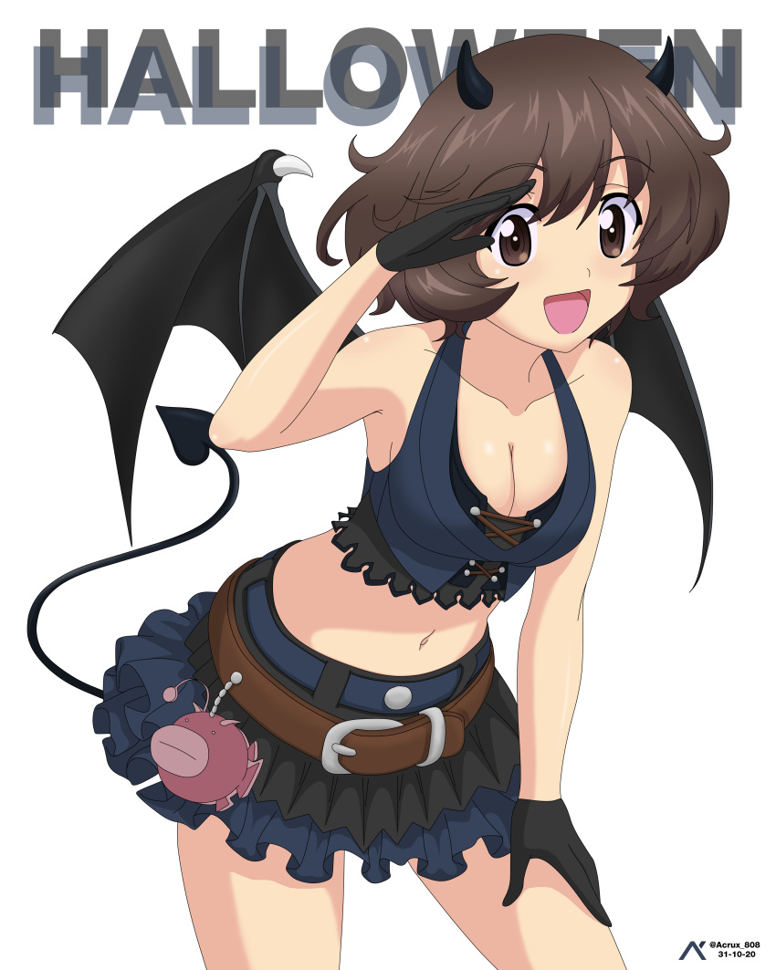 1girl absurdres acrux akiyama_yukari artist_name blush breasts brown_eyes brown_hair cleavage collarbone dated demon_girl demon_horns demon_tail demon_wings girls_und_panzer halloween highres horns large_breasts looking_at_viewer miniskirt navel open_mouth shiny shiny_hair shiny_skin short_hair simple_background skirt smile solo tail white_background wings