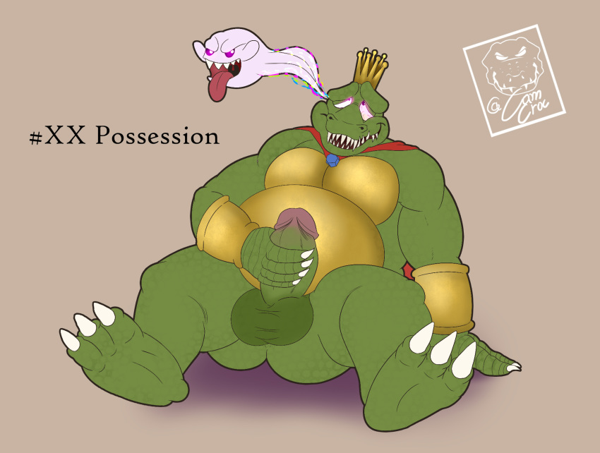 anthro armor belly boo_(mario) camsan_r_s crocodile crocodilian crocodylid crown donkey_kong_(series) glowing glowing_eyes hi_res king_boo king_k._rool luigi's_mansion male male/male mario_bros masturbation nintendo overweight possession reptile scales scalie slightly_chubby smile solo video_games