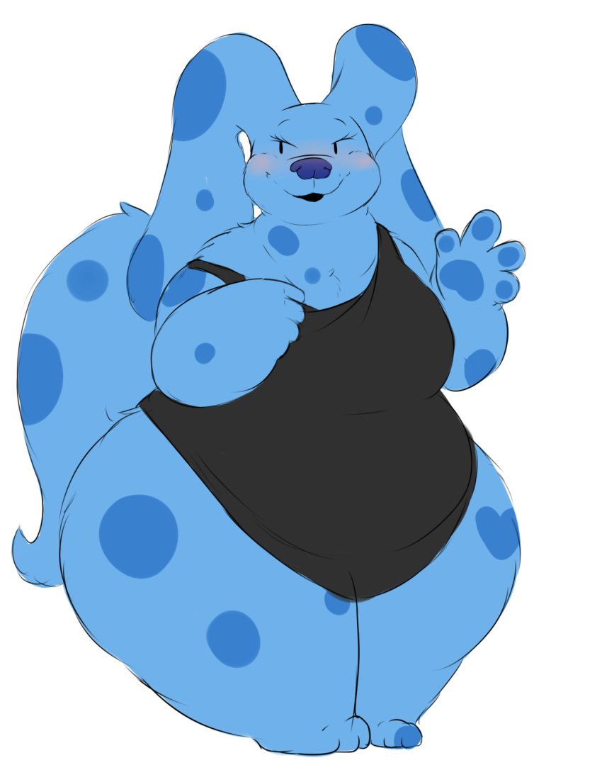 anthro beady_eyes belly blue's_clues blue_(blue's_clues) blue_body blue_fur blush breasts clothing female front_view fur gesture hi_res huge_hips huge_thighs looking_at_viewer multicolored_body multicolored_fur nickelodeon one-piece_swimsuit overweight overweight_anthro overweight_female rakashama solo swimwear thick_thighs two_tone_body two_tone_fur waving wide_hips