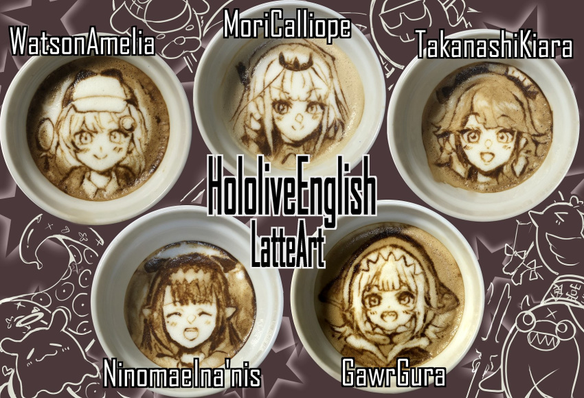 5girls bloop_(gawr_gura) bubba_(watson_amelia) character_name copyright_name death-sensei_(mori_calliope) gawr_gura highres hololive hololive_english holomyth latte_art mori_calliope multiple_girls ninomae_ina'nis open_mouth panyatteria photo_(medium) sketch takanashi_kiara tako_(ninomae_ina'nis) unconventional_media virtual_youtuber watson_amelia