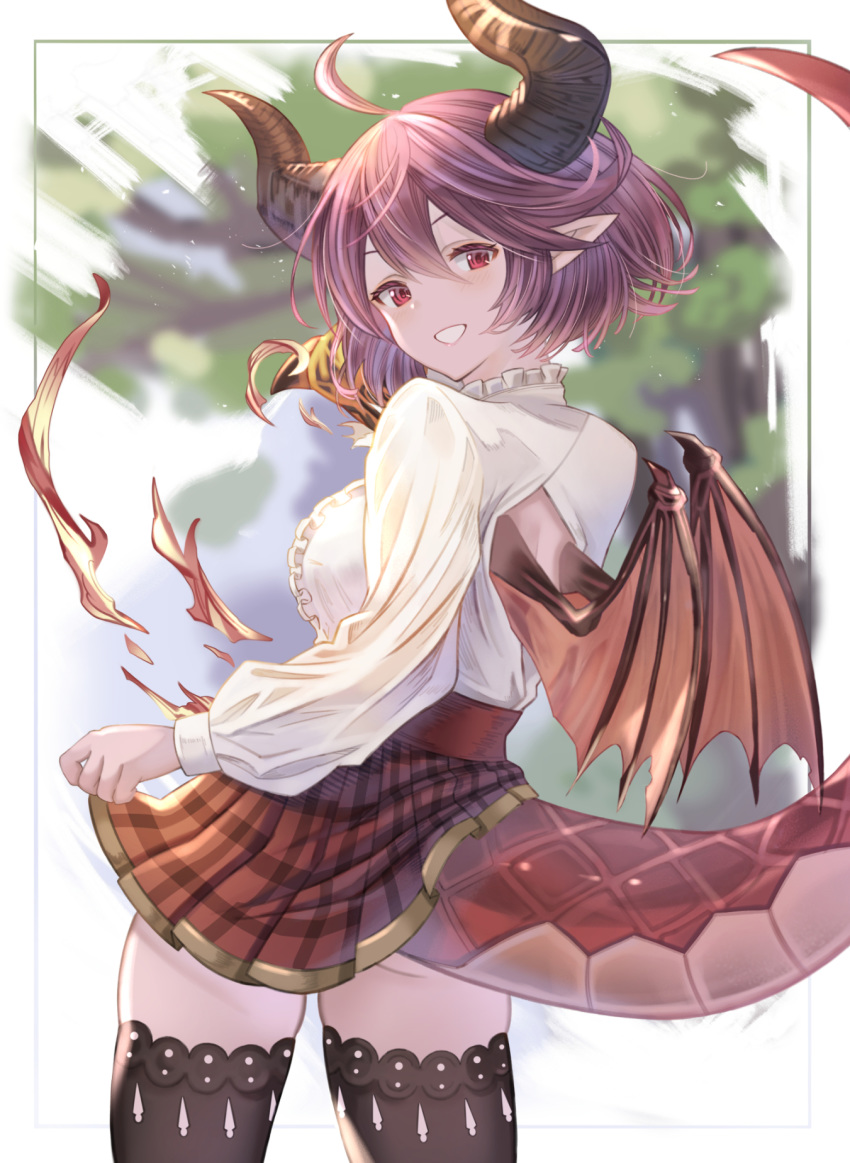 1girl ahoge black_legwear dragon_girl dragon_horns dragon_tail dragon_wings eyebrows_visible_through_hair fire from_behind granblue_fantasy grea_(shingeki_no_bahamut) highres horns long_sleeves looking_at_viewer looking_back mohurine_cute plaid plaid_skirt pointy_ears red_eyes red_hair red_skirt shingeki_no_bahamut shirt short_hair skirt smile solo tail thighhighs thighs white_shirt wings zettai_ryouiki