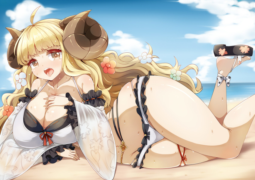 1girl ahoge anila_(granblue_fantasy) ankle_ribbon bangs beach belly_chain bikini blonde_hair blunt_bangs breasts bright_pupils cleavage cloud cloudy_sky curvy detached_sleeves elbow_rest eyebrows_visible_through_hair flower frilled_bikini frills granblue_fantasy groin hair_flower hair_ornament hikimayu horns huge_breasts jewelry layered_bikini long_hair lying ocean on_side open_mouth raiden_(raiden_labo) ribbon sandals sheep_horns skindentation sky solo swimsuit thick_thighs thigh_ribbon thighs tongue tongue_out very_long_hair wavy_hair wide_hips yellow_eyes