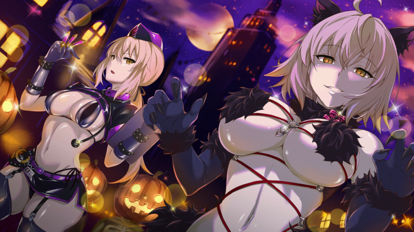2girls artoria_pendragon_(all) black_gloves black_panties blonde_hair breasts claw_pose claws cleavage cowboy_shot dangerous_beast elbow_gloves evil_grin evil_smile expressionless fate/grand_order fate_(series) full_moon fur-trimmed_bra fur-trimmed_collar fur-trimmed_gloves fur_trim garter_straps gloves grin groin hair_between_eyes halloween hands_up highres holding holding_syringe jeanne_d'arc_(alter)_(fate) jeanne_d'arc_(fate)_(all) large_breasts long_hair looking_at_viewer medium_breasts microskirt midriff moon multiple_girls navel night night_sky outdoors panties platinum_blonde_hair ponytail pumpkin revealing_clothes saber_alter shaded_face skirt sky smile syringe trick_or_treatment underboob underwear upper_body xenoms yellow_eyes