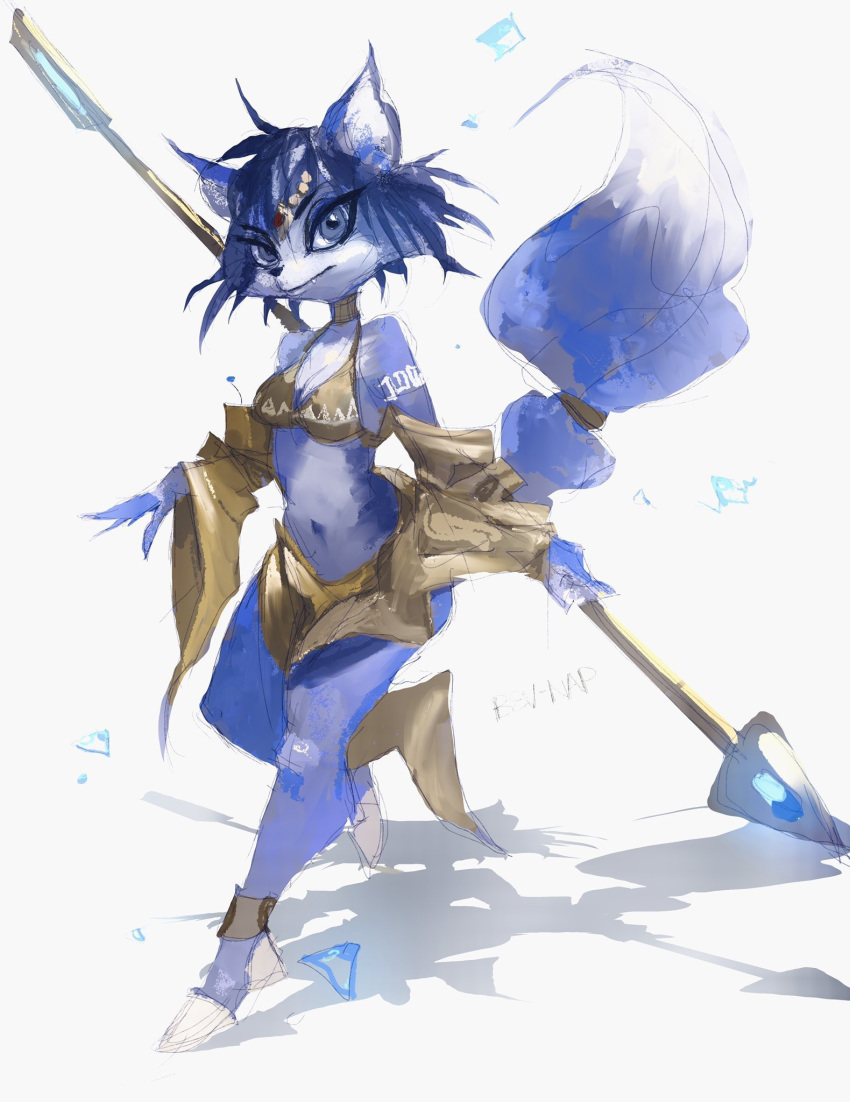 2020 alternate_costume anthro bev-nap blue_body blue_eyes blue_fur blue_hair bra breasts canid canine clothing colored_sketch fangs female fox fur gem hair half-closed_eyes hi_res jewelry krystal looking_at_viewer mammal markings narrowed_eyes nintendo short_hair sketch solo star_fox underwear video_games white_body white_fur white_markings