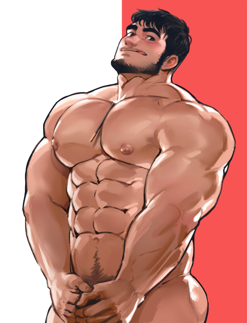 1boy abs ass bara beard between_pecs biceps black_hair chest chocolate completely_nude covering covering_crotch facial_hair food highres jang_ju_hyeon licking_lips male_focus messy_hair muscle navel navel_hair nipples nude original pocky short_hair simple_background solo thighs tongue tongue_out