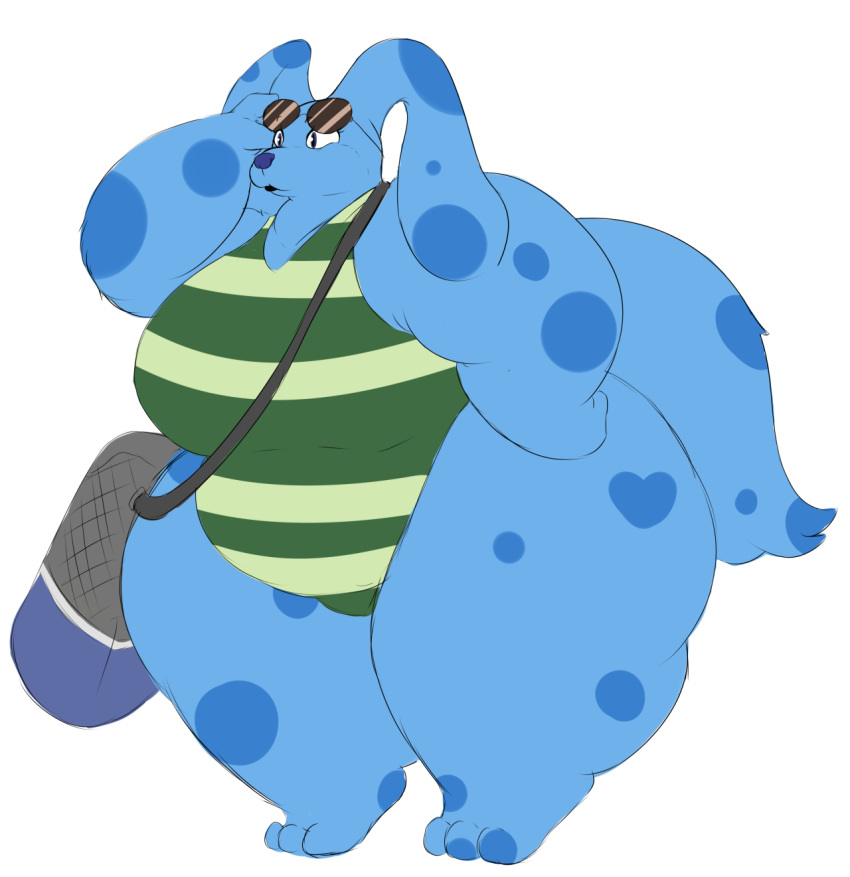 anthro belly big_breasts blue's_clues blue_(blue's_clues) blue_body blue_fur breasts clothing eyewear female front_view fur hi_res huge_hips huge_thighs looking_at_viewer multicolored_body multicolored_fur nickelodeon one-piece_swimsuit overweight overweight_anthro overweight_female rakashama solo sunglasses swimwear thick_thighs two_tone_body two_tone_fur wide_hips