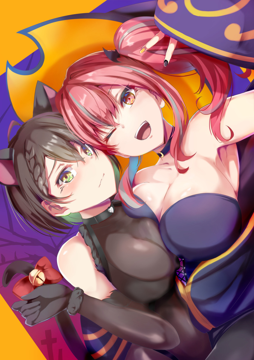 2girls ;d ahoge animal_costume animal_ears armpits azur_lane baltimore_(azur_lane) bangs bare_shoulders bell bikini black_bikini black_choker black_gloves blush bodystocking bow braid breast_press breasts bremerton_(azur_lane) brown_hair cat_costume cat_ears cat_tail choker cleavage collarbone commentary_request covered_collarbone dress dutch_angle elbow_gloves eyebrows_visible_through_hair fake_animal_ears french_braid fur_trim gloves hair_between_eyes hair_intakes halloween halloween_costume hat highres large_breasts long_hair looking_at_viewer multicolored multicolored_hair multicolored_nails multiple_girls no_mole one_eye_closed open_mouth pink_eyes pink_hair purple_background purple_dress shimofuji_jun short_hair smile streaked_hair swimsuit tail tail_bow twintails upper_body upper_teeth witch_costume witch_hat yellow_eyes