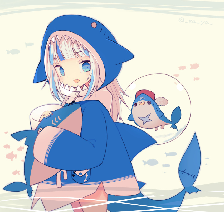 1girl :d bangs bloop_(gawr_gura) blue_eyes blue_hoodie blunt_bangs bubble eyebrows_visible_through_hair fins fish fish_tail gawr_gura highlights highres holding holding_stuffed_toy hololive hololive_english hood hoodie hoodie_dress light_blush long_hair long_sleeves lower_body multicolored_hair nail_polish open_mouth pocket red_headwear saya_(sayaya) scar shark shark_girl shark_tail sharp_teeth smile stuffed_toy tail teeth upper_teeth water white_hair