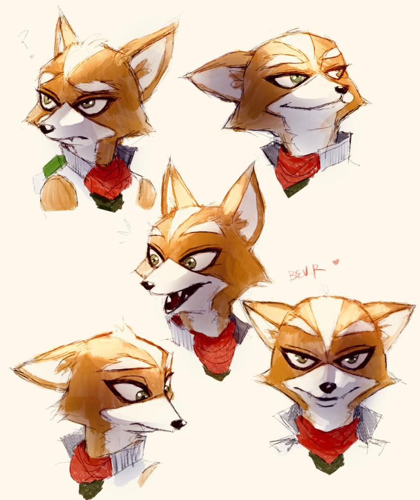 2020 anthro bandanna bev-nap black_nose canid canine confusion ears_up expressions eyebrows fangs fox fox_mccloud fur green_eyes head_tuft headshot_portrait hi_res inner_ear_fluff kerchief looking_at_viewer looking_down male mammal nintendo orange_body orange_fur portrait sharp_teeth smile star_fox teeth tuft video_games white_body white_fur white_inner_ear