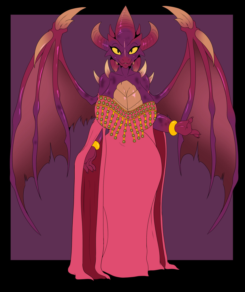 2020 activision anthro breasts cleavage clothed clothing crossgender digital_media_(artwork) female fingers front_view hi_res horn looking_at_viewer malefor membrane_(anatomy) membranous_wings purple_background scalie simple_background solo spyro_the_dragon suirano video_games wings