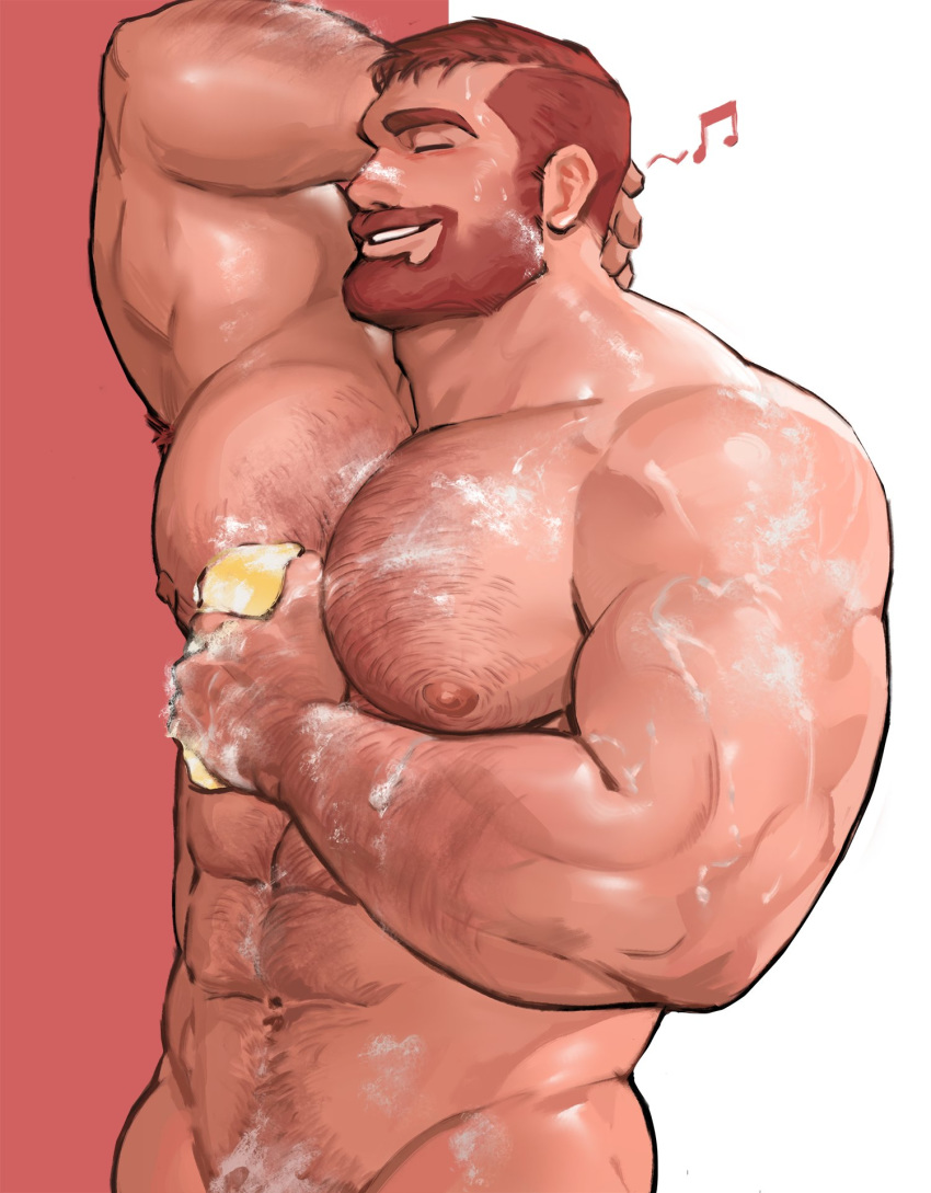 1boy abs bara beard chest chest_hair completely_nude facial_hair hairy highres jang_ju_hyeon male_focus muscle navel navel_hair nipples nude orange_hair original short_hair showering simple_background smile solo thick_thighs thighs washing