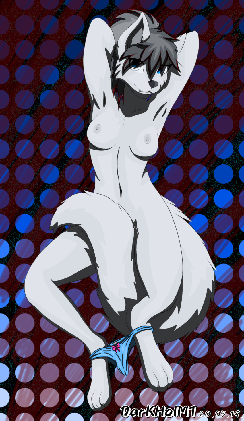 alicia_(character) anthro breasts canid canine canis clothing darkholm1 female hi_res hiding_pussy mammal panties present_body presenting solo underwear wolf