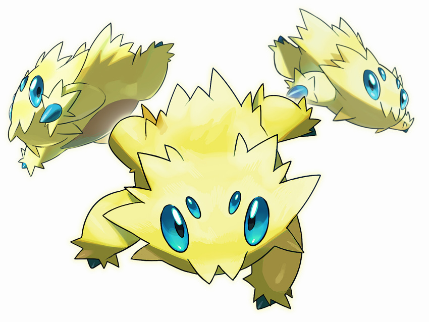 blue_eyes bug commentary_request creature donnpati extra_eyes gen_5_pokemon highres joltik looking_at_viewer no_humans pokemon pokemon_(creature) white_background yellow_fur
