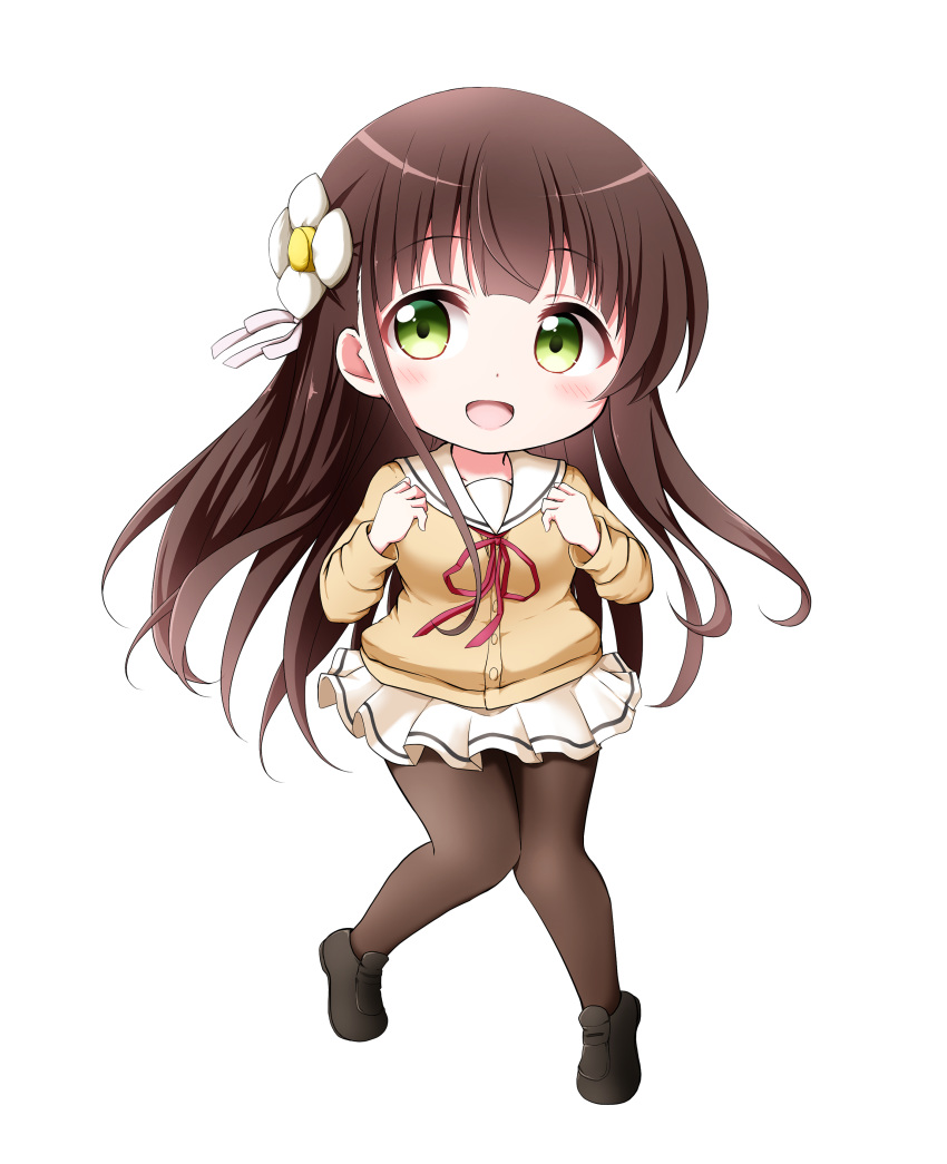 1girl absurdres bangs black_footwear blush breasts brown_cardigan brown_hair brown_legwear cardigan eyebrows_visible_through_hair flower full_body gochuumon_wa_usagi_desu_ka? green_eyes hair_flower hair_ornament highres kuena loafers long_hair long_sleeves looking_at_viewer medium_breasts neck_ribbon pantyhose pleated_skirt red_ribbon ribbon sailor_collar school_uniform serafuku shoes simple_background skirt solo ujimatsu_chiya very_long_hair white_background white_flower white_sailor_collar white_skirt