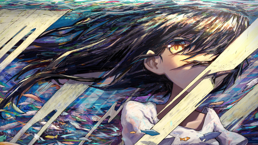 1girl black_hair covered_mouth fish floating_hair hair_over_one_eye highres long_hair nowoka original shirt solo underwater upper_body white_shirt yellow_eyes