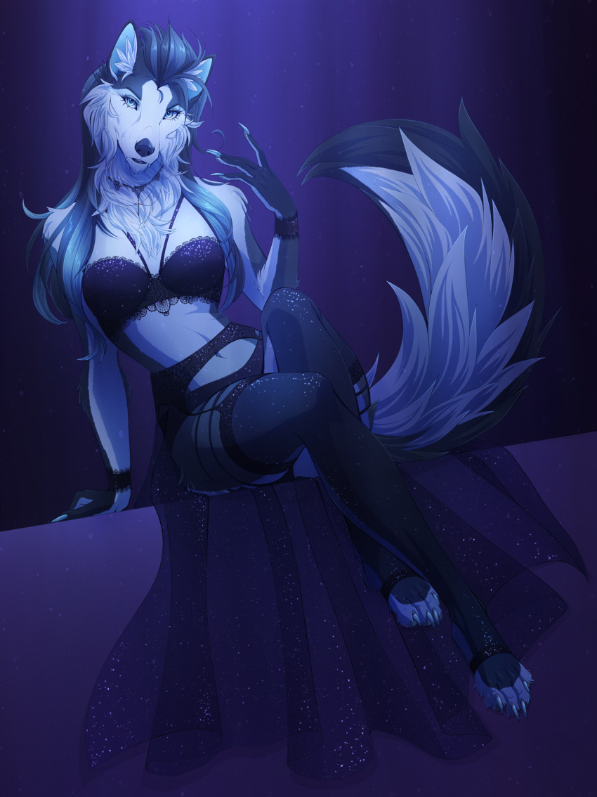 2019 4_toes 5_fingers absurd_res anthro black_body black_fur black_hair black_nose breasts canid canine canis digital_media_(artwork) domestic_dog female fingers fur hair hi_res husky looking_at_viewer lynjox lynxyjones mammal nordic_sled_dog smile solo spitz toes white_body white_fur