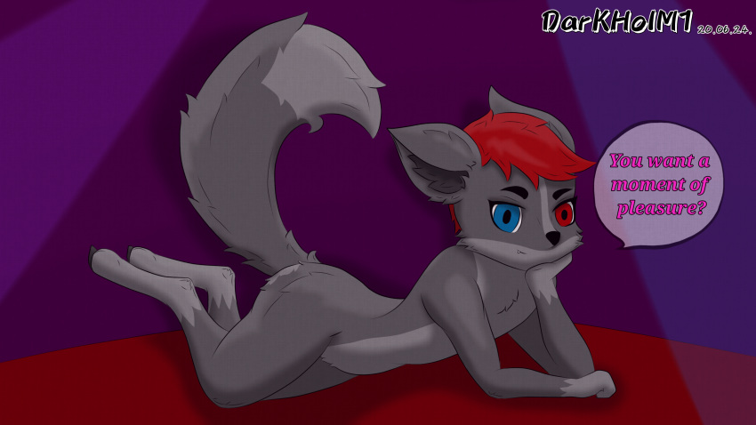 16:9 anthro canid canine canis chibi dark_(character) darkholm1 english_text hi_res male mammal presenting seducing solo text widescreen wolf