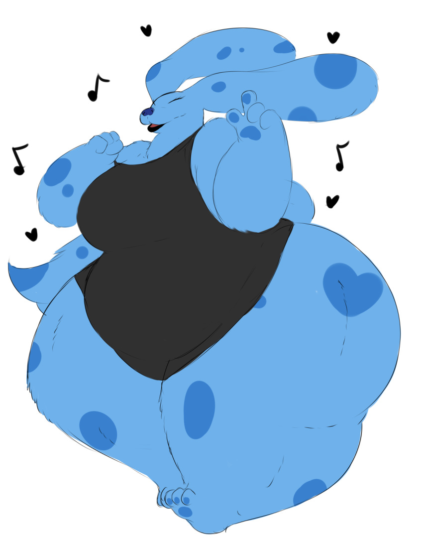 &lt;3 anthro belly big_breasts blue's_clues blue_(blue's_clues) blue_body blue_fur breasts clothing dancing eyes_closed female fur hi_res musical_note nickelodeon one-piece_swimsuit overweight overweight_anthro overweight_female rakashama slightly_chubby solo swimwear thick_thighs wide_hips