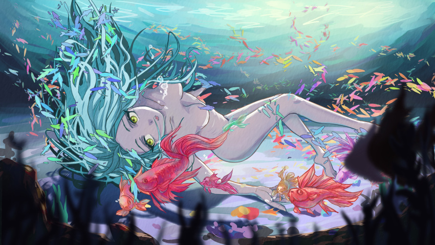 1girl air_bubble aoimer_joker barefoot blue_hair breath bubble coral fish freediving green_eyes highres long_hair nude ocean ocean_bottom original pale_skin school_of_fish swimming underwater upside-down