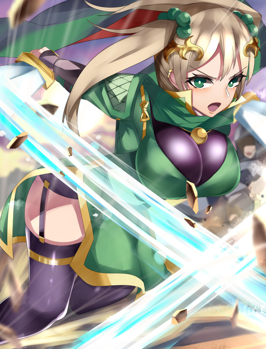 1girl absurdres blonde_hair breasts garter_straps green_eyes guan_yinping highres impossible_clothes impossible_shirt large_breasts open_mouth shin_sangoku_musou shirt slashing sword tagme tea_texiamato thighhighs twintails weapon