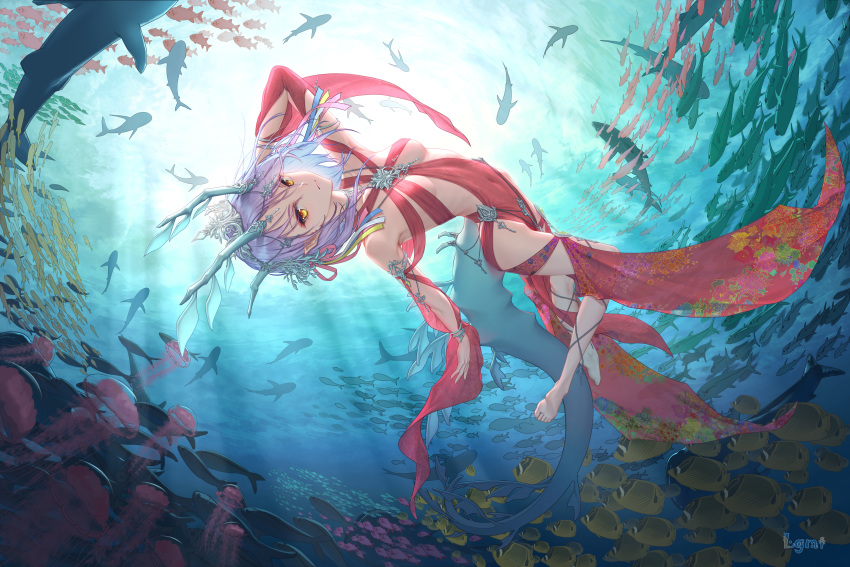 1girl absurdres barefoot bracelet breasts dragon_girl dragon_horns dragon_tail dress fish freediving highres horns houchi_shoujo jellyfish jewelry lgmt light_rays necklace original pendant pointy_ears purple_hair red_dress school_of_fish serious shark sunlight swimming tail underboob underwater yellow_eyes